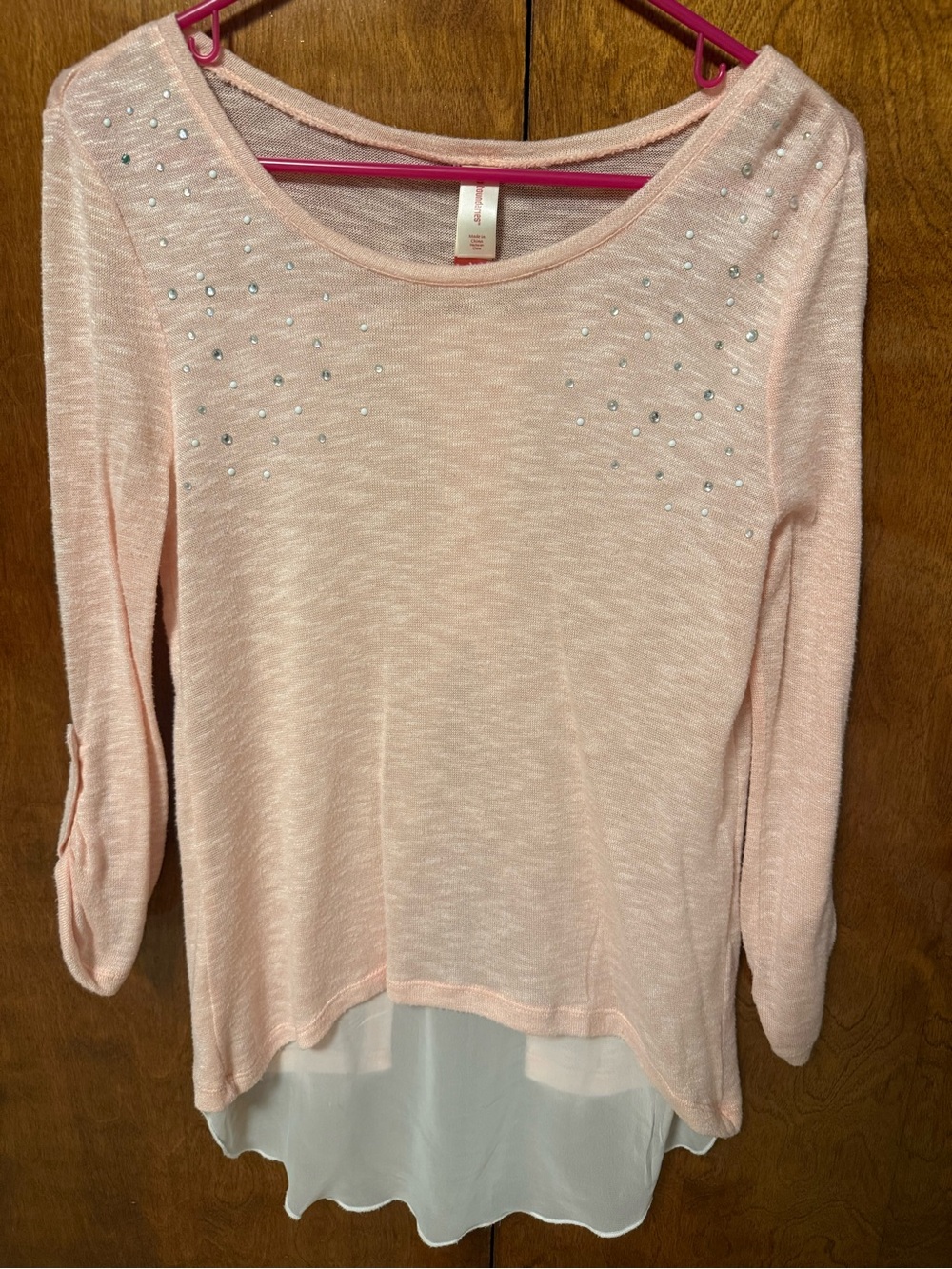 Peach Knit Top with Chiffon Hem and Rhinestones